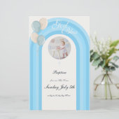 Faire-part de baptême bleu moderne avec menu perso (Debout devant)