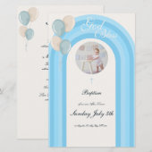 Faire-part de baptême bleu moderne avec menu perso (Devant / Derrière)