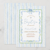 Faire-part de baptême botanique bleu garçon (Devant / Derrière)