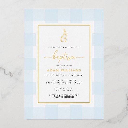 Faire-part de baptême Bunny Blue Gingham à feuille (Recto)