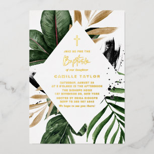 Faire-part de baptême cadre de feuilles tropicales