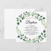 Faire-part de baptême carré à verdure émeraude (Devant / Derrière)