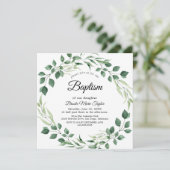 Faire-part de baptême carré à verdure émeraude (Debout devant)