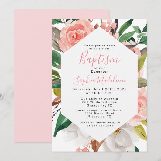 Faire-part de baptême de fille à l'aquarelle flora (Devant / Derrière)