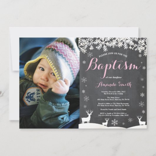 Faire-part de baptême de fille cerf d'hiver (Devant)