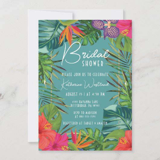 Faire-part de bapteme de mariage tropical sarcelle (Devant)