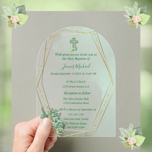 Faire-part de baptême élégant croix verte et or 