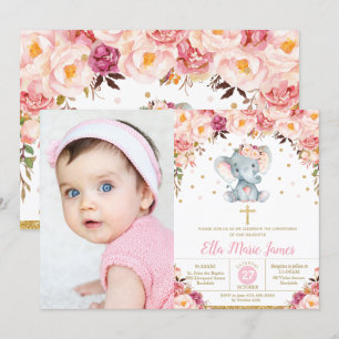 Faire-part de baptême éléphant floral rose Photo