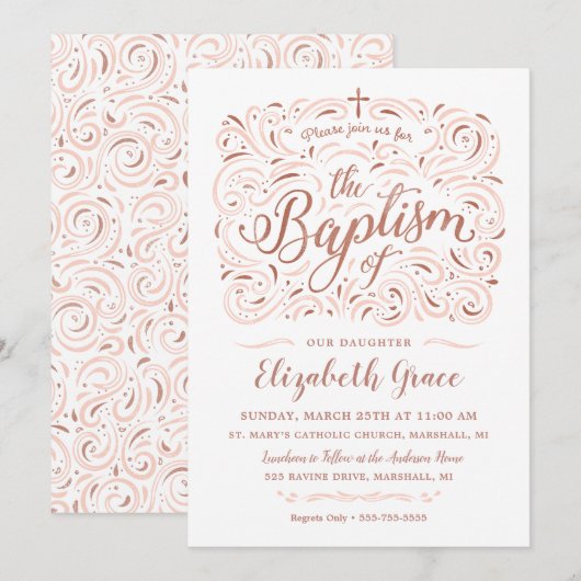 Faire-part de baptême en or rose (Devant / Derrière)