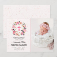 Faire-part de baptême fille à fleurs rose aquarell