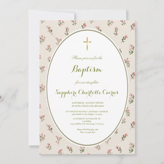 Faire-part de baptême fille aquarelle fleurs paste (Devant)