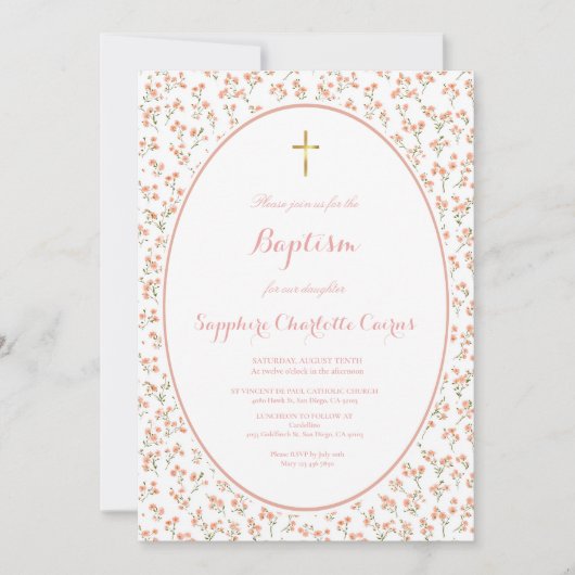 Faire-part de baptême fille aquarelle fleurs paste (Devant)