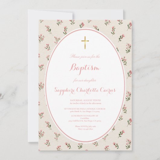 Faire-part de baptême fille aquarelle fleurs paste (Devant)