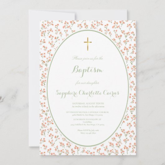 Faire-part de baptême fille aquarelle fleurs paste (Devant)