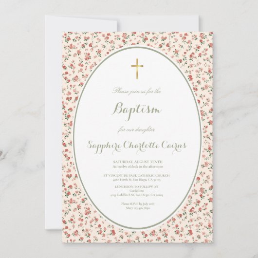Faire-part de baptême fille aquarelle fleurs paste (Devant)