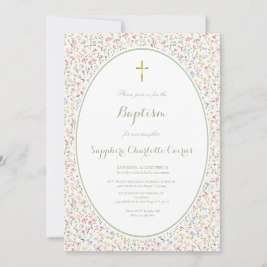 Faire-part de baptême fille aquarelle fleurs paste (Devant)