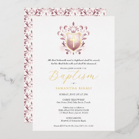Faire-part de baptême fille Dusty Rose Crest (Recto/Verso)