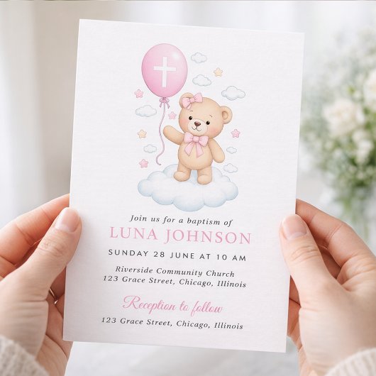 Faire-part de baptême fille ourson rose