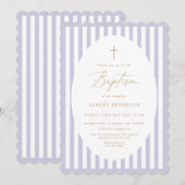 Faire-part de baptême fille rayures lavande (Devant / Derrière)