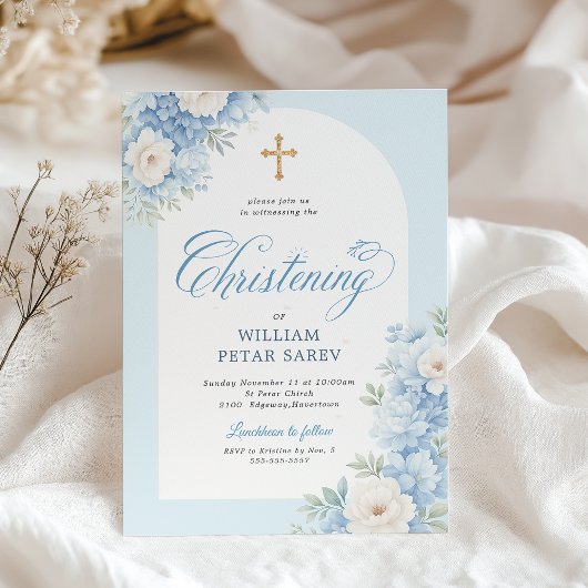 Faire-part de baptême floral bleu élégant avec Cr