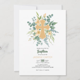 Faire-part de baptême floral croix verte aquarelle