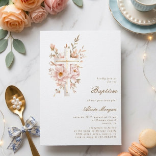 Faire-part de baptême floral Ivory Blush avec croi
