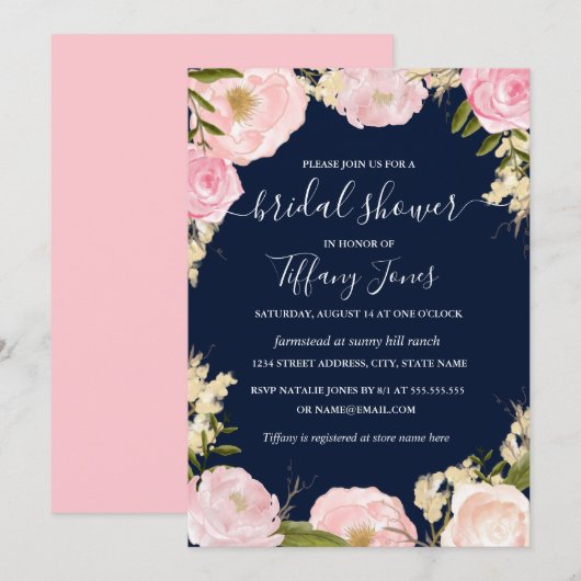 Faire-part de bapteme floral rose blush navy (Devant / Derrière)