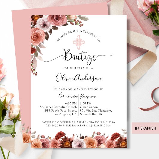 Faire-part de baptême floral rose espagnol
