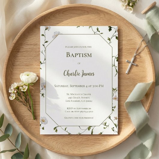 Faire-part de baptême floral vert botanique