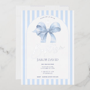 Faire-part de baptême garçon bleu bow et rayures