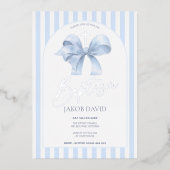 Faire-part de baptême garçon bleu bow et rayures (Recto)