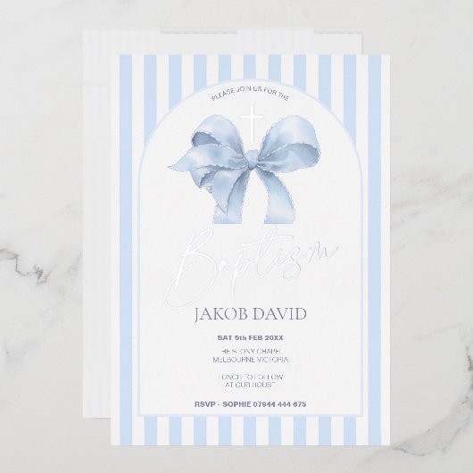 Faire-part de baptême garçon bleu bow et rayures (Enveloppe)