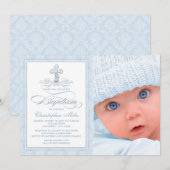 Faire-part de baptême garçon croix damier bleu pho (Devant / Derrière)