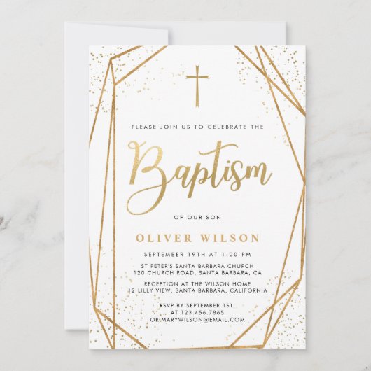 Faire-part de baptême garçon élégant en or (Devant)