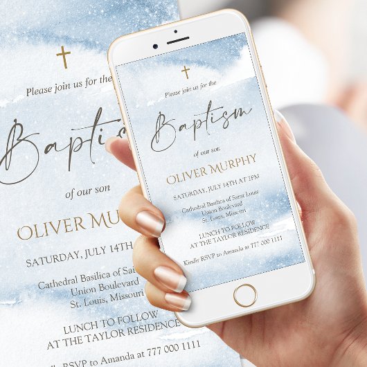 Faire-part de baptême mobile garçon aquarelle bleu
