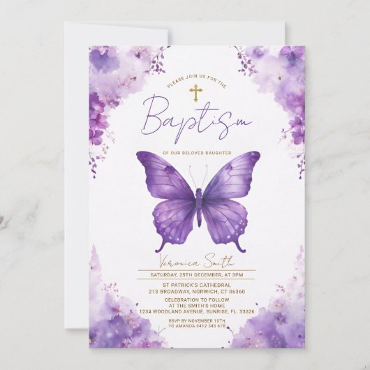 Faire-part de baptême Papillon Violet (Devant)