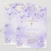 Faire-part de baptême papillon violet or lavande (Devant / Derrière)