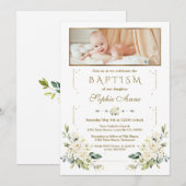 Faire-part de baptême photo blanc floral or aquare (Devant / Derrière)