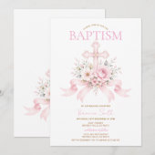 Faire-part de baptême pour bébé fille à fleurs ros (Devant / Derrière)