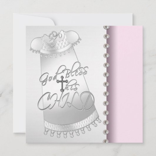 Faire-part de baptême pour bébé fille perles rose (Devant)
