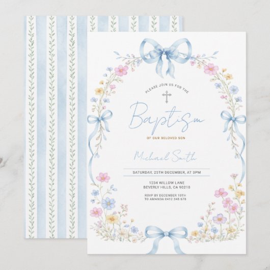 Faire-part de baptême pour bébé garçon Wildflower (Devant / Derrière)