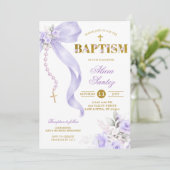 Faire-part de baptême Rosaire Coquette Ruban Viole (Debout devant)
