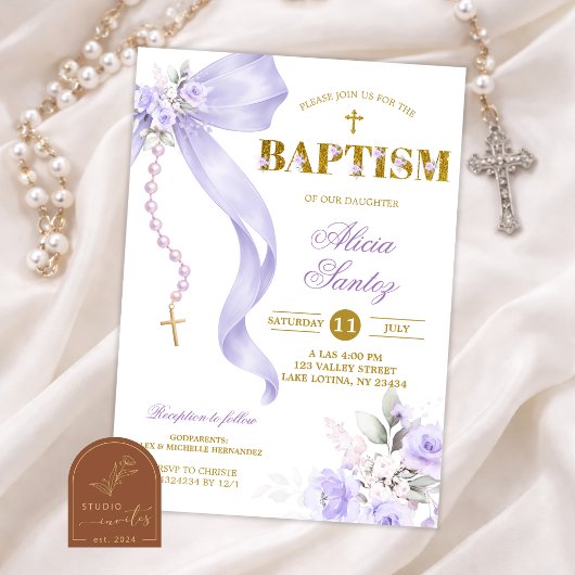 Faire-part de baptême Rosaire Coquette Ruban Viole