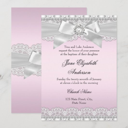 Faire-part de baptême rose Bow Diamond Lace (Devant / Derrière)