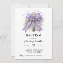 Faire-part de baptême Ruban Violet | Croix & Rosai
