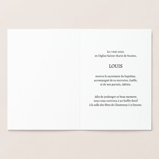 Faire-Part de Baptême traditionnel doré (Intérieur)