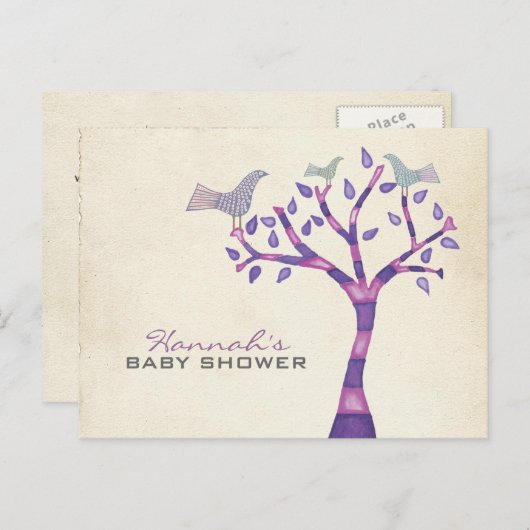 Faire-part de baptême, trio d'oiseaux dans un arbr (Devant / Derrière)