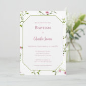 Faire-part de baptême vert botanique rose (Debout devant)