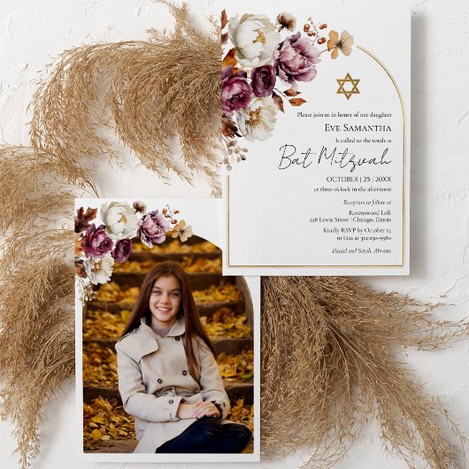 Faire-Part de Bat Mitzvah Floral Automne Bourgogne