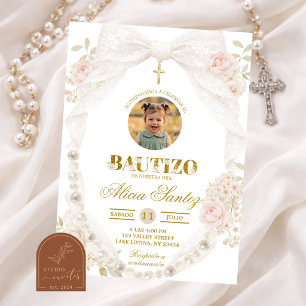 Faire-part de Bautizo avec photo, noeud en dentell